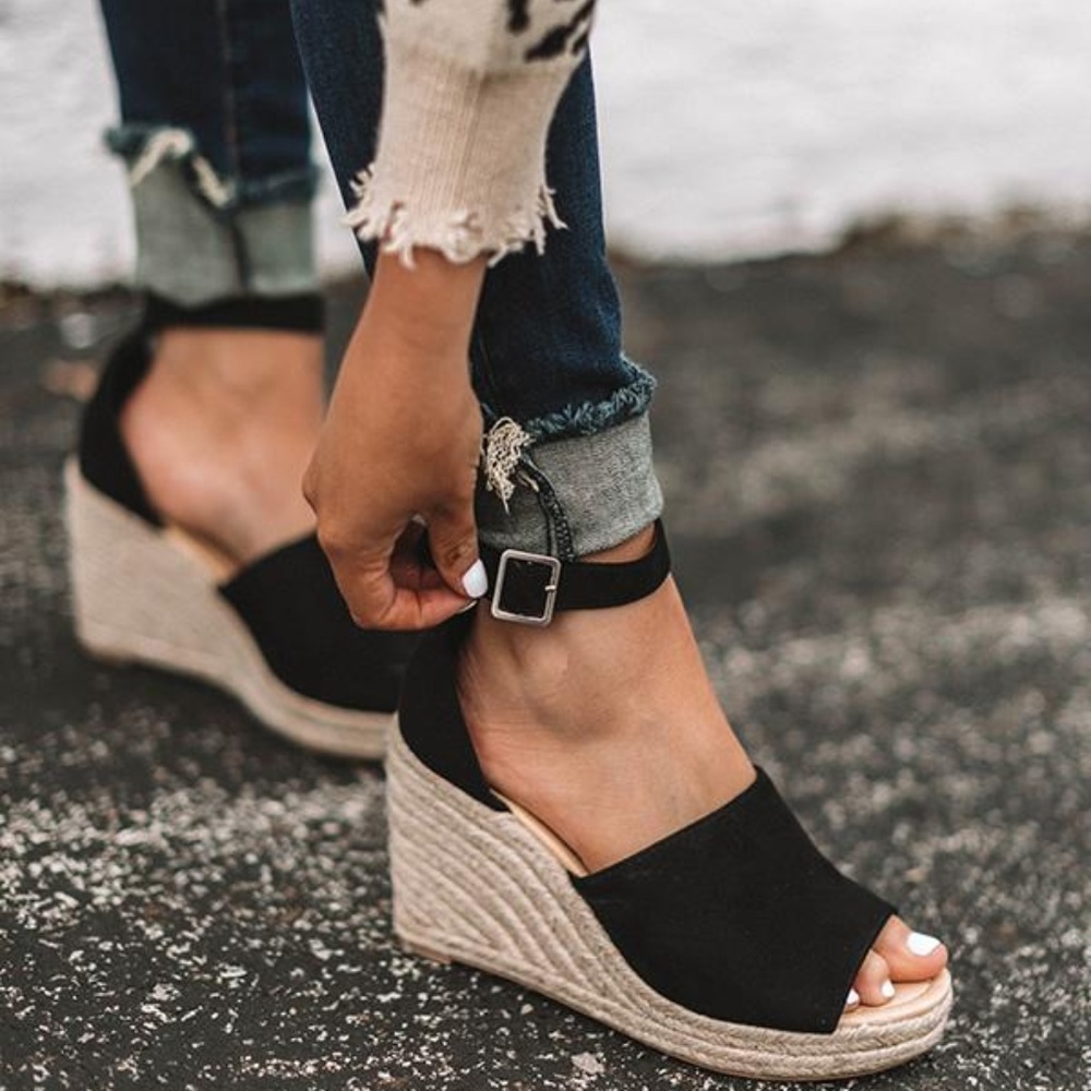 The Joy Faux Suede ankle buckle Wedge in Black